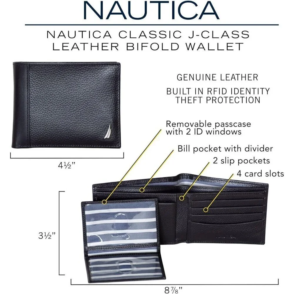 Men's J-Class - Black Bifold Leather Wallet RFID Blocking ID Window Card Slots